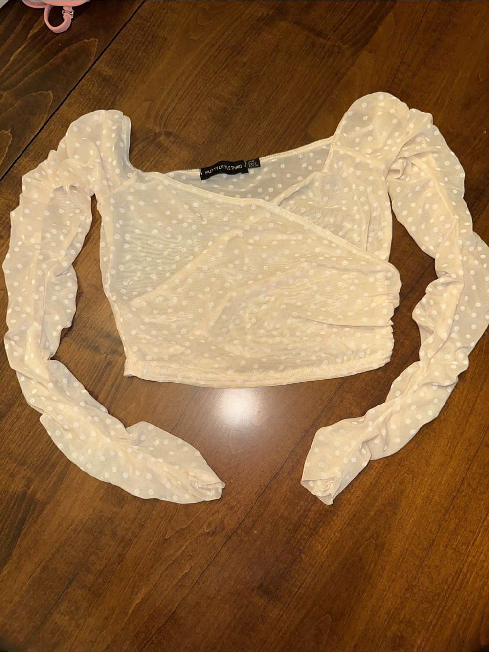 PrettyLittleThing Cream Polka Dot Sheer Ruched Long Sleeve Crop Top - Picture 1 of 6